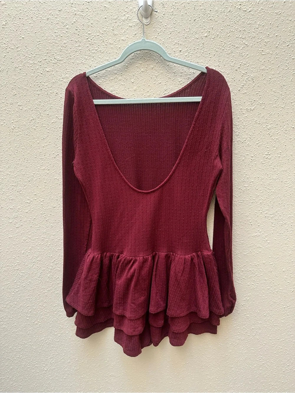 Kimchi Blue Burgundy Red Basque Waist Ruffle Open Back Romper Balletcore Large